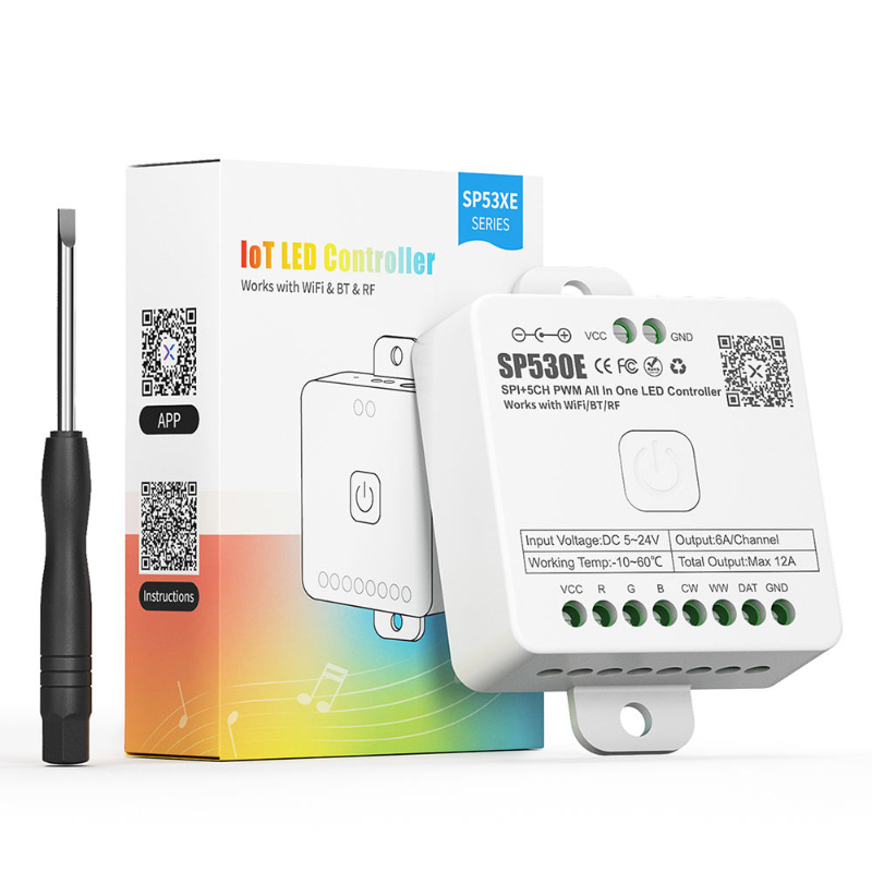 SP530E LED Controller, SPI & 5CH PWM 2-in-1 Light Controller, WiFi Bluetooth RF Control for WS2812B WS2811 RGB RGBW CCT LED Strip Light